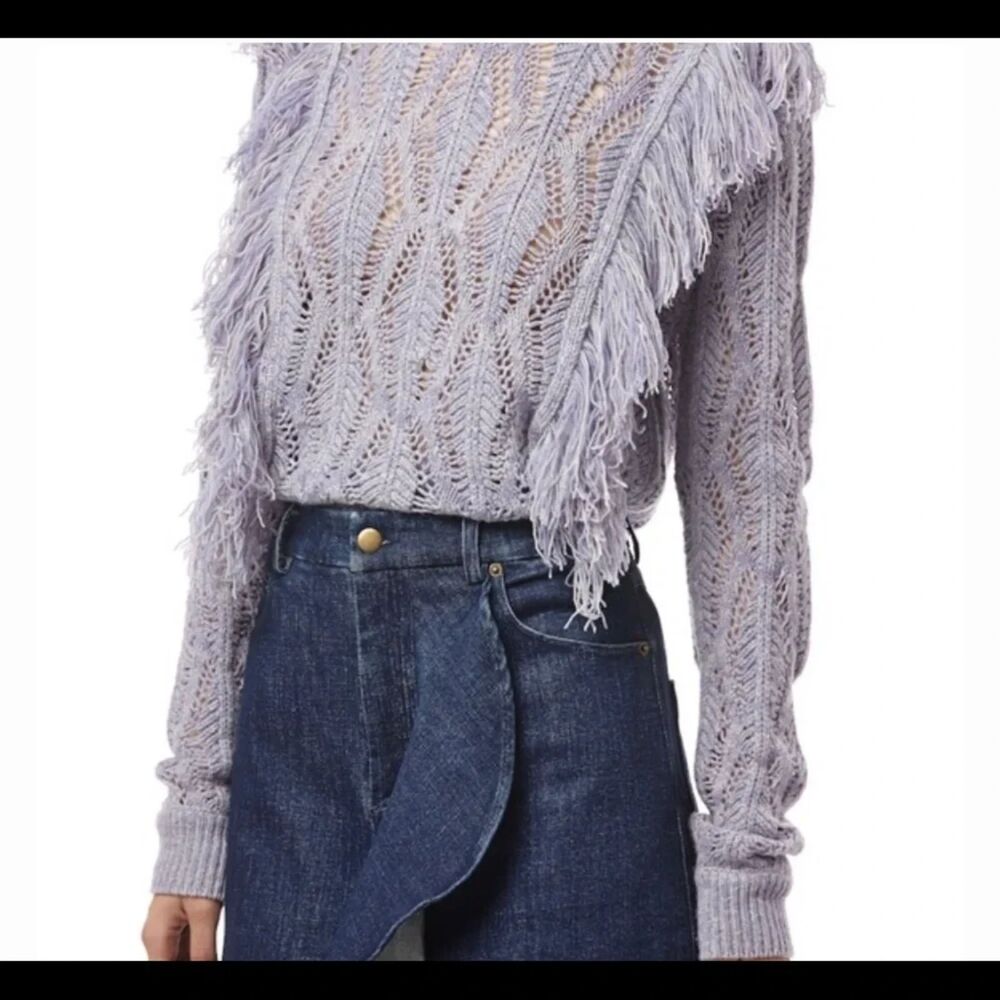 AMUR Carla Fringe Sweater Lilac Open Knit Wool Yak Cashmere L